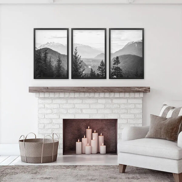 Set of 3 Black White Mountain Forest Prints. Scandi Wall Art - Image 3