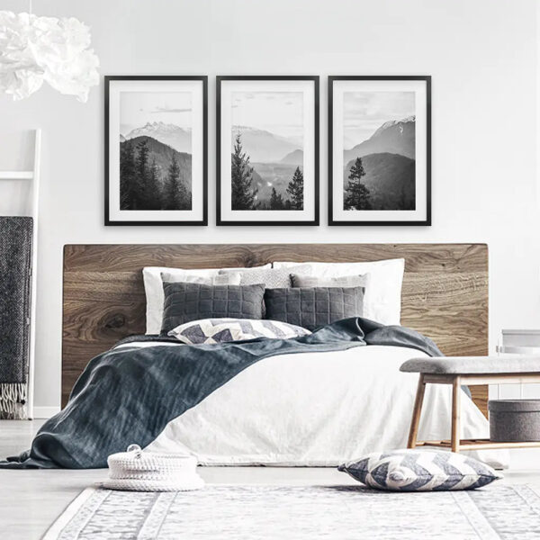 Set of 3 Black White Mountain Forest Prints. Scandi Wall Art - Image 5