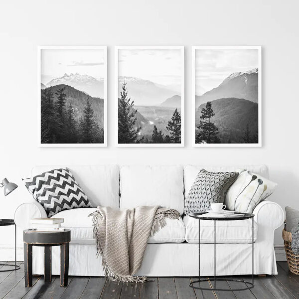 Set of 3 Black White Mountain Forest Prints. Scandi Wall Art - Image 4