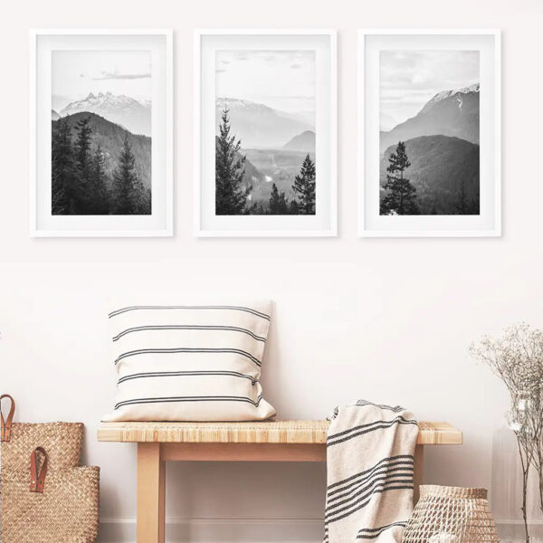 Set of 3 Black White Mountain Forest Prints. Scandi Wall Art - Image 6