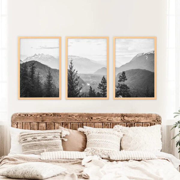 Set of 3 Black White Mountain Forest Prints. Scandi Wall Art - Image 8