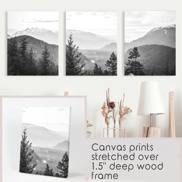 Set of 3 Black White Mountain Forest Prints. Scandi Wall Art - Image 9
