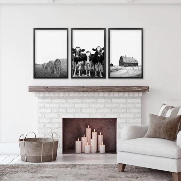 Black White Harvest on a Farm Wall Art. Cow, Hay Bale, Barn - Image 6