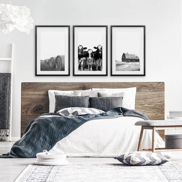 Black White Harvest on a Farm Wall Art. Cow, Hay Bale, Barn - Image 4