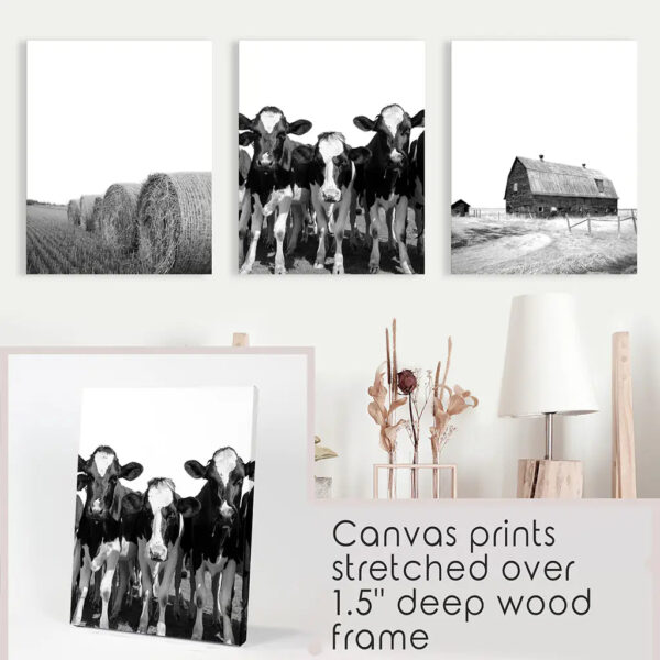 Black White Harvest on a Farm Wall Art. Cow, Hay Bale, Barn - Image 9