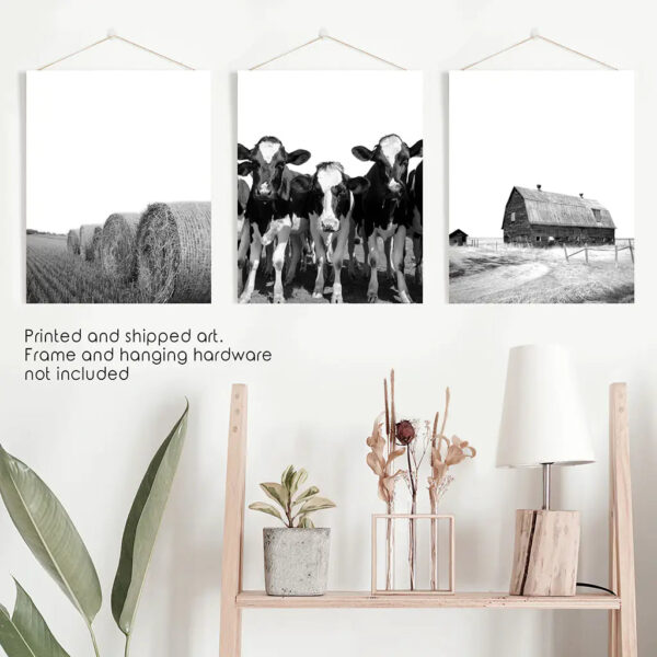 Black White Harvest on a Farm Wall Art. Cow, Hay Bale, Barn - Image 10