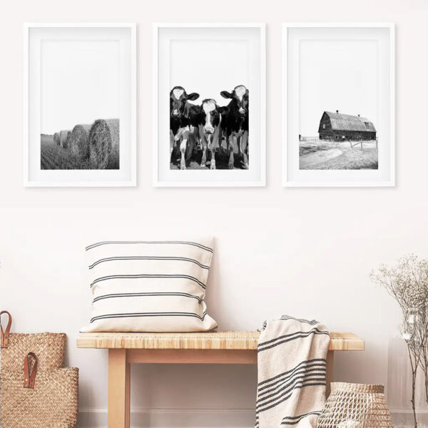 Black White Harvest on a Farm Wall Art. Cow, Hay Bale, Barn - Image 5
