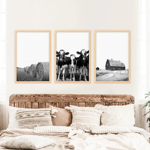 Black White Harvest on a Farm Wall Art. Cow, Hay Bale, Barn - Image 7