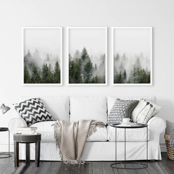 Pine Tree Foggy Forest Triptych. Nordic Wall Decor - Image 4