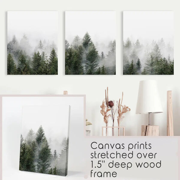 Pine Tree Foggy Forest Triptych. Nordic Wall Decor - Image 9