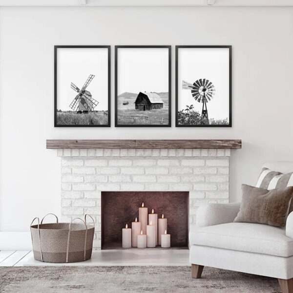 Black White Set of 3 Farm Style Prints. Windmill, Barn, Vane - Image 6