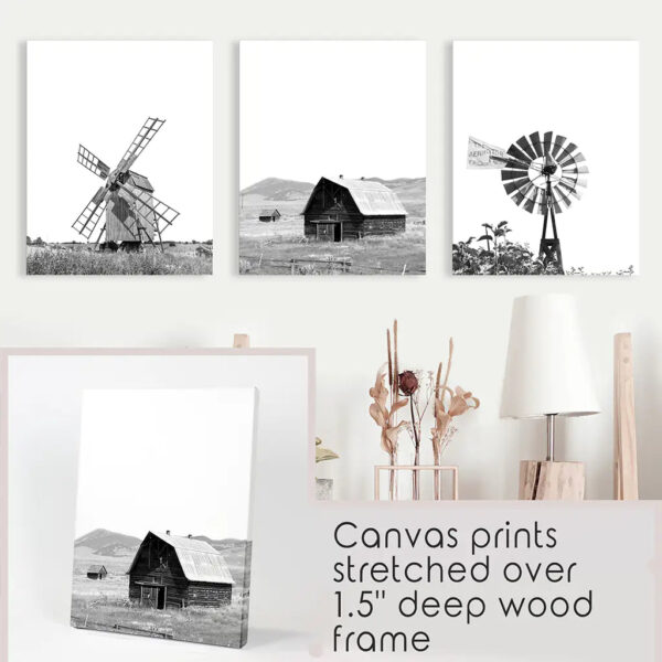 Black White Set of 3 Farm Style Prints. Windmill, Barn, Vane - Image 9