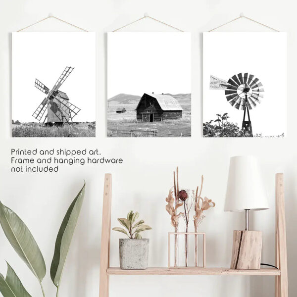 Black White Set of 3 Farm Style Prints. Windmill, Barn, Vane - Image 10