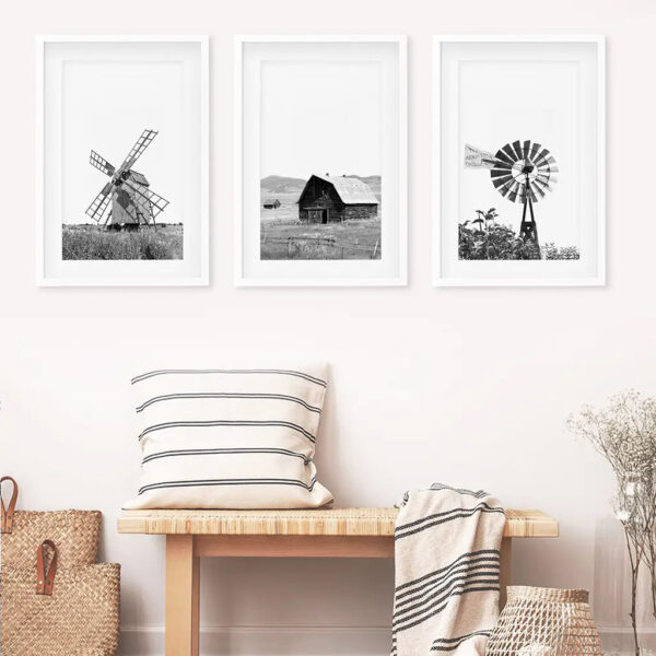 Black White Set of 3 Farm Style Prints. Windmill, Barn, Vane - Image 5