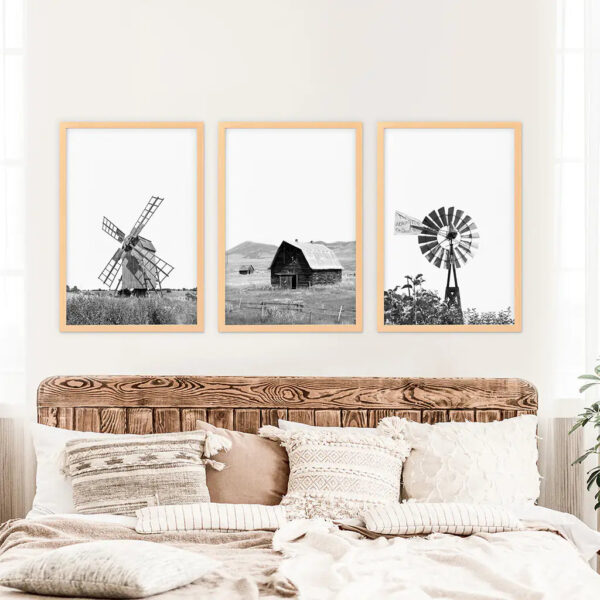 Black White Set of 3 Farm Style Prints. Windmill, Barn, Vane - Image 7