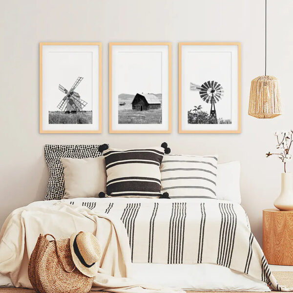 Black White Set of 3 Farm Style Prints. Windmill, Barn, Vane - Image 8