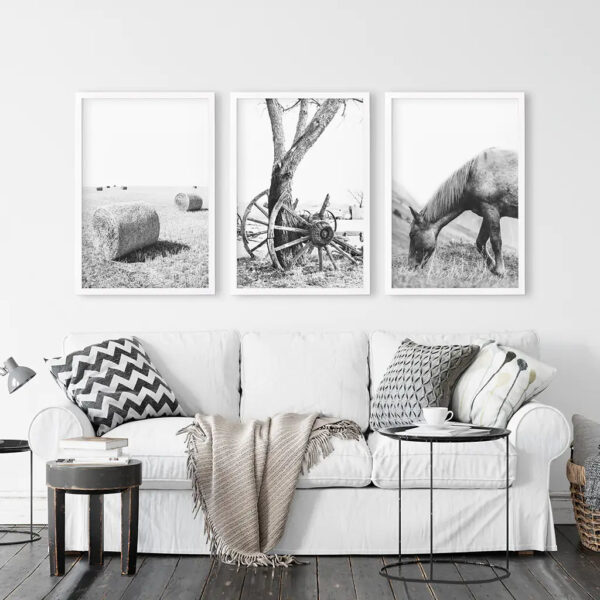 Black White Farm House Wall D??cor. Horse, Hay Bales - Image 5