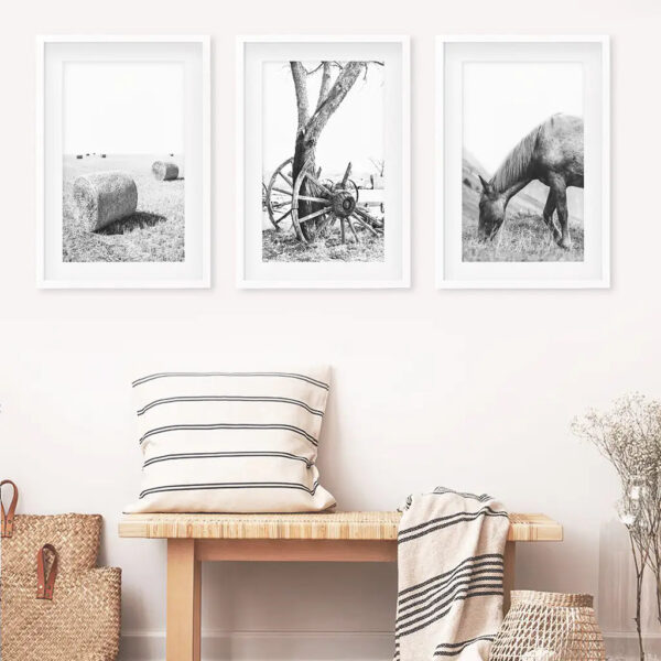 Black White Farm House Wall D??cor. Horse, Hay Bales - Image 3
